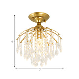 Gold Crystal Cascading Semi Flush Lamp - Traditional Hallway Ceiling Light With 1 Bulb