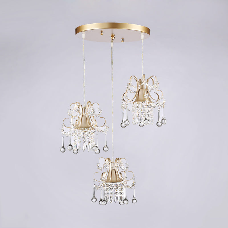 Golden Flared Semi Flush Mount Traditional 3-Light Dining Room Ceiling Fixture With Crystal Draping
