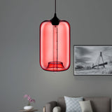 Contemporary 1-Light Hanging Lamp With Cylinder Glass Shade - Red/Brown/Blue Ceiling Light