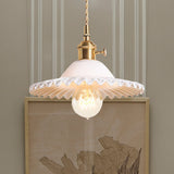 Industrial Brass 1-Light Hanging Pendant With Scalloped Black/White/Green Glass Perfect For Dining