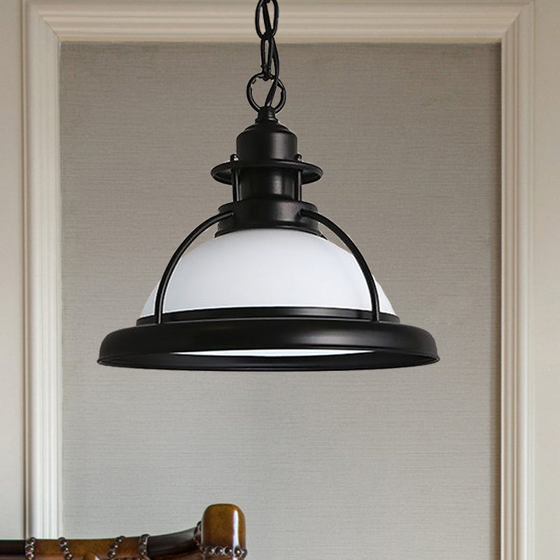 Vintage Glass Dome Pendant Light With Black Hanging Chain For Dining Room White
