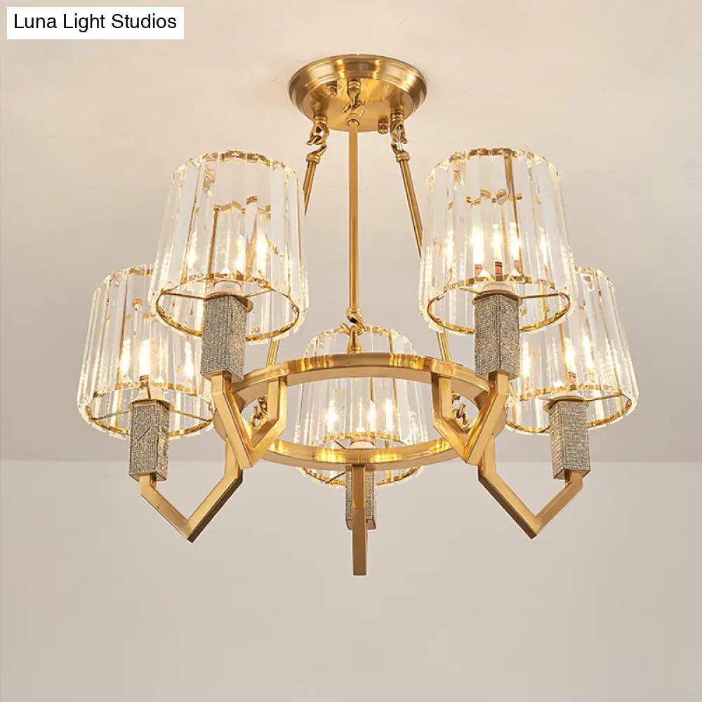 6-Light Crooked Arm Semi Flush Gold Ceiling Light With Clear Crystal Tapered Shade - Modern Design