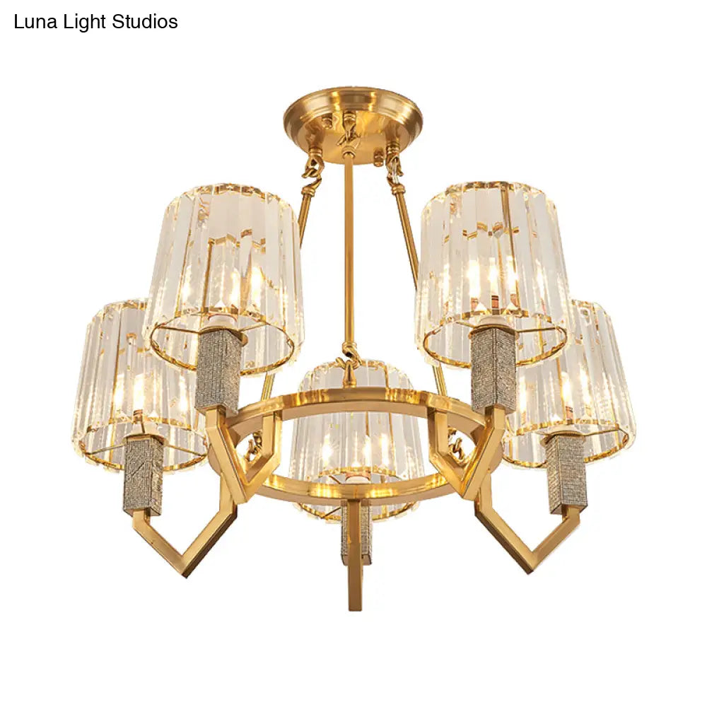 6-Light Crooked Arm Semi Flush Gold Ceiling Light With Clear Crystal Tapered Shade - Modern Design