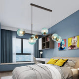6-Light Industrial Island Pendant With Amber/Milky White/Blue Gradient Glass Shades & Adjustable
