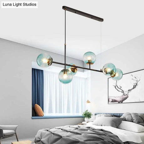 6-Light Industrial Island Pendant With Amber/Milky White/Blue Gradient Glass Shades & Adjustable