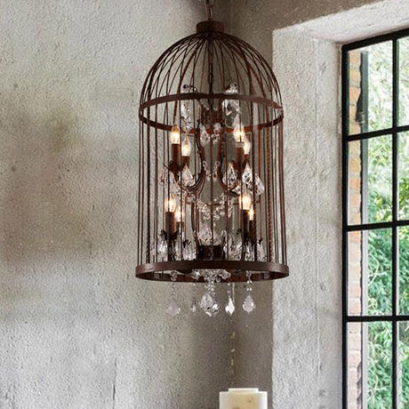 Vintage Style 4-Head Birdcage Chandelier: Black/White/Rust Iron Hanging Lamp With Candle & Crystal