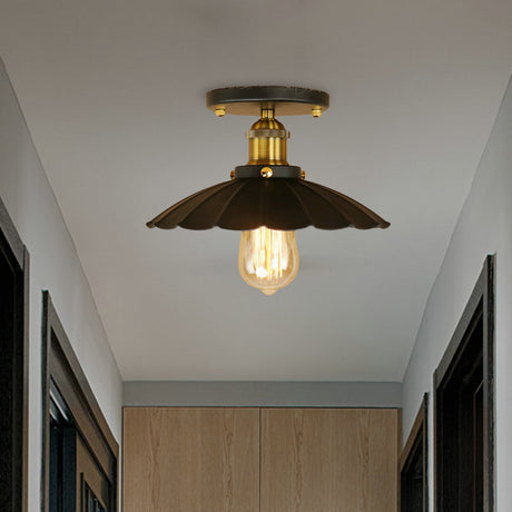Loft Style Black Scalloped Edge Semi Flush Mount Light - 2 Lights Metal Ceiling Mounted Indoor