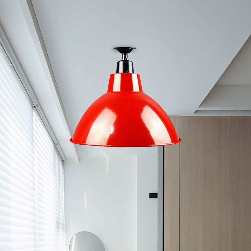 Red Metallic Ceiling Light Fixture - Vintage Dome Semi Flush Mount Ideal For Restaurants