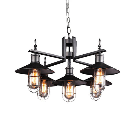 Black Metal 6-Head Caged Pendant Chandelier With Clear Glass Shade