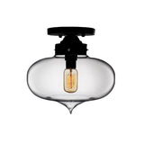 Sleek Black Industrial Semi Flush Light With Red/Brown/Amber Glass Oval Shade - Perfect For Dining