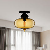 Sleek Black Industrial Semi Flush Light With Red/Brown/Amber Glass Oval Shade - Perfect For Dining