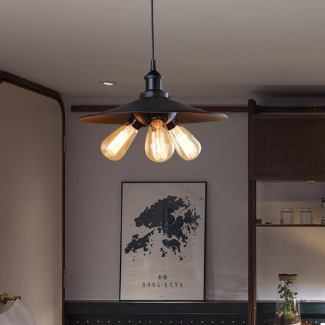 Stylish Industrial Flared Chandelier: 3-Light Metal Pendant In Black For Restaurants