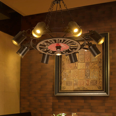 Vintage Black Metal Cylinder Chandelier With 8 Lights And Number Deco