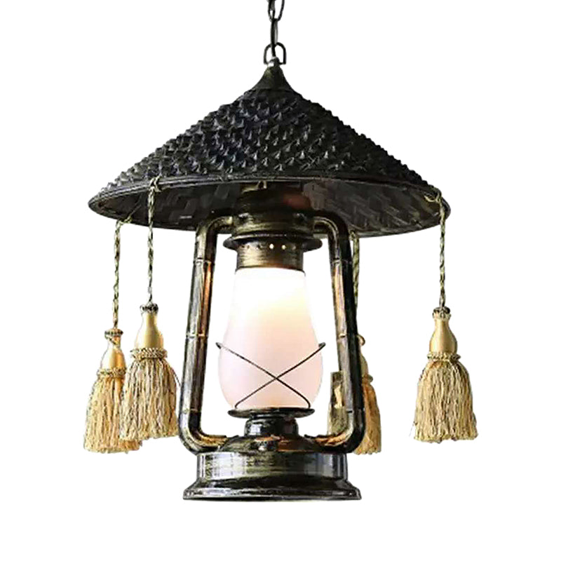 Frosted Glass Lantern Hanging Lamp - Lodge Style Ceiling Fixture For Balcony Black Finish With Hat