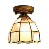 Mediterranean Stained Glass Dome Flush Light In Brass Finish With 1 & Stunning Geometric Patterns /