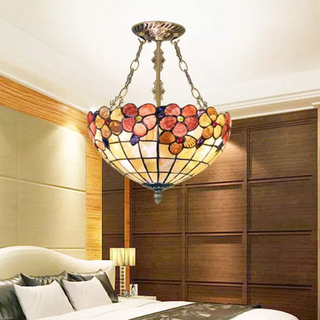 Scalloped Shade Semi Flush Stained Glass Ceiling Light Retro Style 12/16/20.5 W Red/Pink/Rose Red