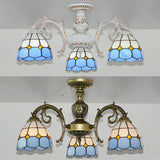 Vintage Tiffany Stained Glass Dome Semi Flush Mount Lighting In Bronze/White Finish (3/6 Lights)