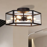 Vintage Geometric Clear Glass Ceiling Light With 6 Bulbs - Black Semi Flush Mount For Kitchen