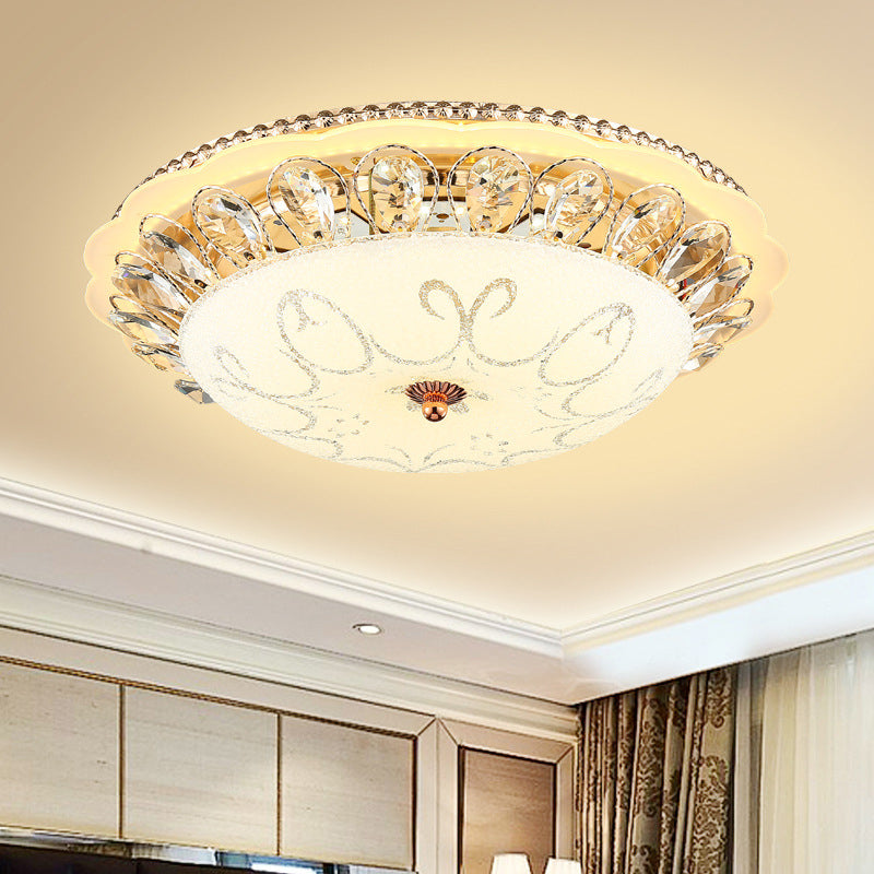 Modern White Glass Bowl Ceiling Lamp With Led Lighting And K9 Crystal Accent - 12/16/19.5 Wide / 12