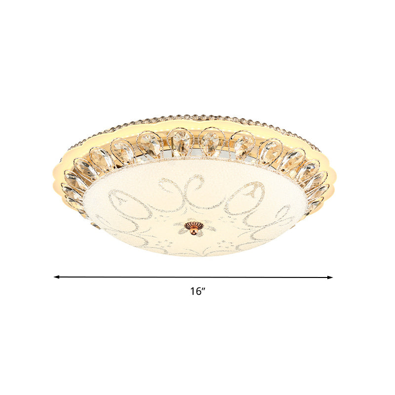 Modern White Glass Bowl Ceiling Lamp With Led Lighting And K9 Crystal Accent - 12/16/19.5 Wide