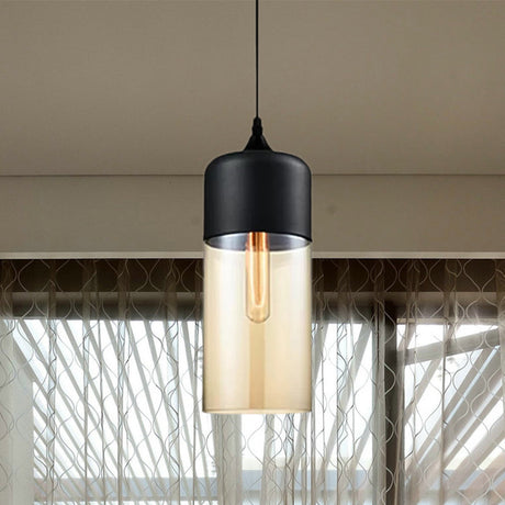 Modern 1-Light Glass Suspension Pendant In White/Black - 5/7/8 Wide Drum/Cylinder/Jar Clear/Yellow
