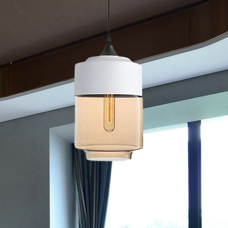 Modern 1-Light Glass Suspension Pendant In White/Black - 5/7/8 Wide Drum/Cylinder/Jar Clear/Yellow