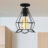 Rustic Farmhouse Semi Flush Mount Light: Barn/Oval Restaurant With Cage Shade & 1 Light Black