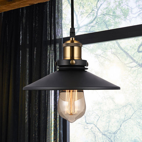 Vintage Style Metallic Black Conic Ceiling Light Fixture With Pulley - 1 Bulb Hanging Pendant For
