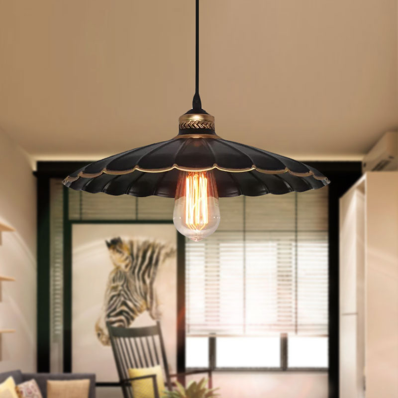 Vintage Industrial Black Metal Pendant Ceiling Light | Scalloped Hanging 10 Or 14 Ideal For