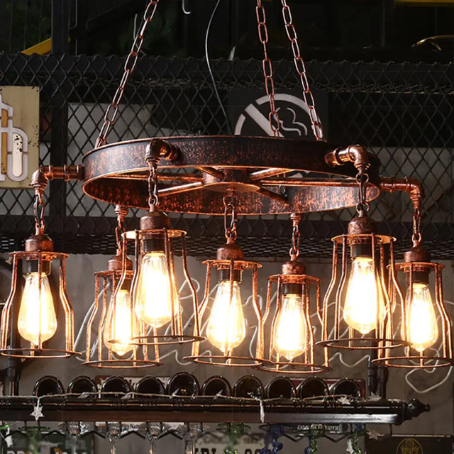 7-Light Dark Rust Pendant Chandelier With Wrought Iron Bell Cage And Wheel Design - Farmhouse