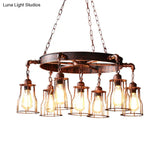 7-Light Dark Rust Pendant Chandelier With Wrought Iron Bell Cage And Wheel Design - Farmhouse