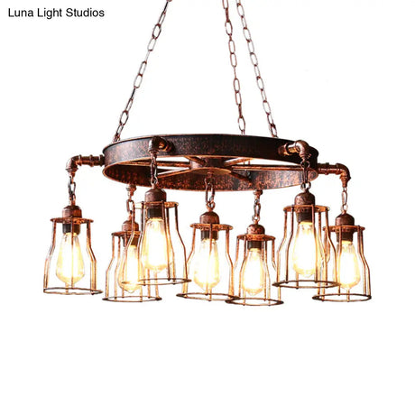 7-Light Dark Rust Pendant Chandelier With Wrought Iron Bell Cage And Wheel Design - Farmhouse