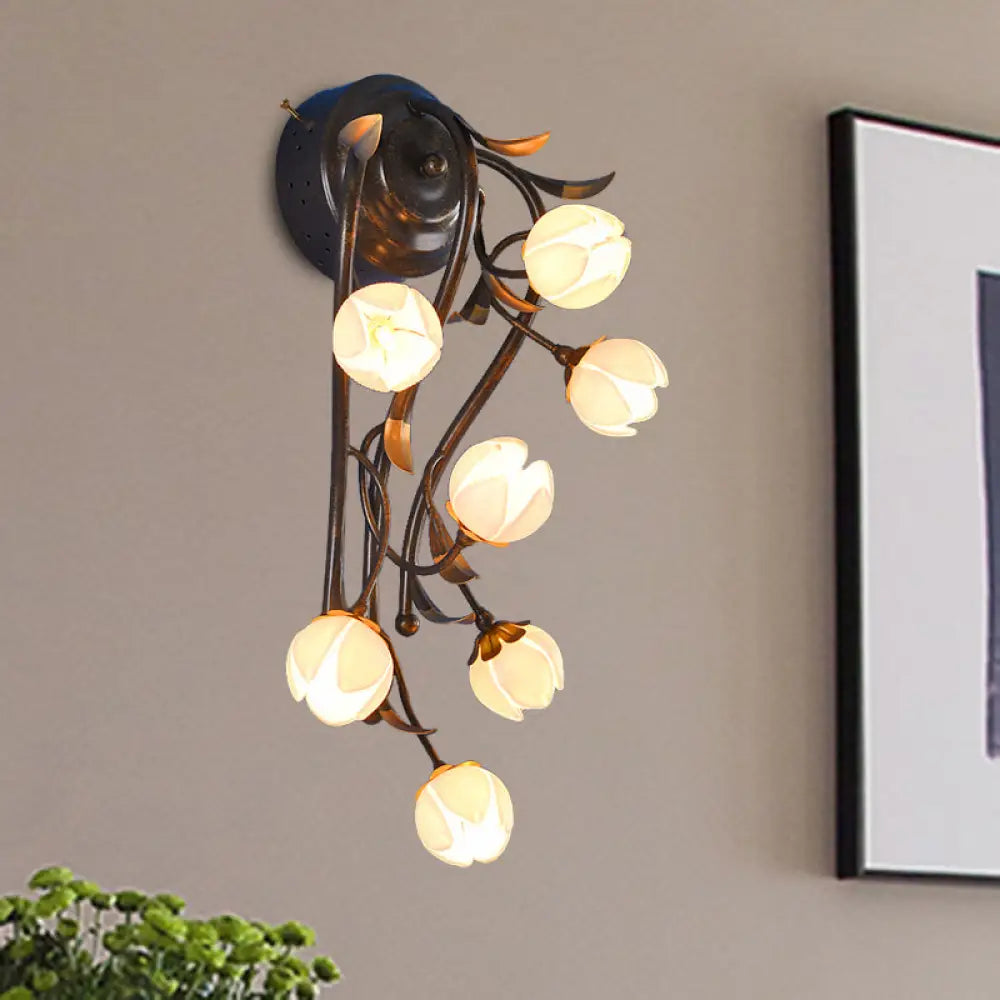 7-Light Flower Sconce Wall Mount Lighting For Bedroom - Countryside White/Pink/Yellow Glass Fixture