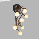 7-Light Flower Sconce Wall Mount Lighting For Bedroom - Countryside White/Pink/Yellow Glass Fixture