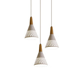 Modernist 3-Head Cone Pendant Light: Iron Cluster Lamp With Hollow Out Grid Design In White And Wood