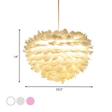 Feather Hanging Fabric Chandelier - 4-Light Modernist Bedroom Ceiling Lighting In White/Grey/Pink