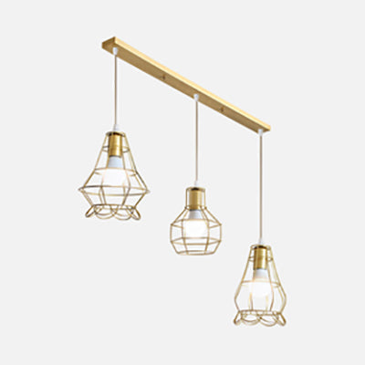 Vintage Gold Metal Pendant Light With Petal Design For Kitchen - 3-Head Caged Hanging C