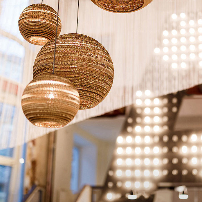 Asian Stylish Corrugated Paper Pendant Lamp In Brown With Drum/Cylinder/Globe Design