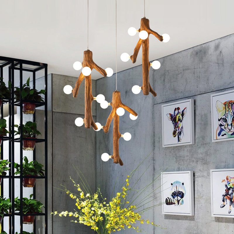 Modern Branch Resin Multi Ceiling Light - 18 Heads Hanging Lighting In Brown With Exposed Bulb