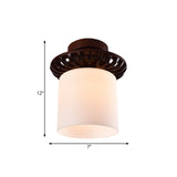 Rustic Cream Glass Flush Mount Ceiling Light With Wood Frame - Brown Globe/Square Design