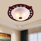 Rustic Brown Dome Flush Mount Lighting With Frosted Glass - 3-Light Wood Design Close-To-Ceiling