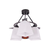 Trapezoid Semi Flush Ceiling Lamp With White Glass And Wood Cylinder Shade - 3/5 Lights