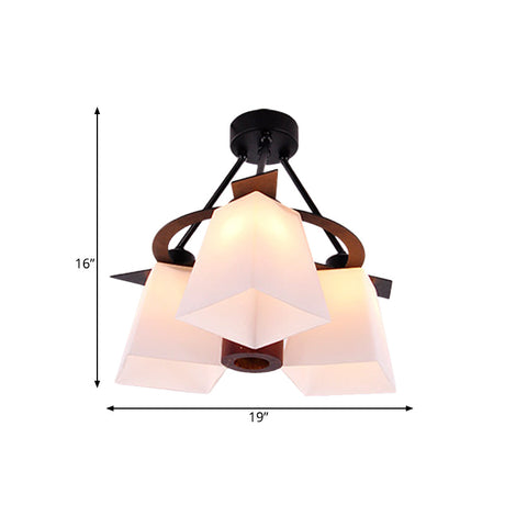 Trapezoid Semi Flush Ceiling Lamp With White Glass And Wood Cylinder Shade - 3/5 Lights