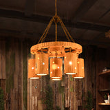 Brielle - Beige Etched Cylinder Hanging Chandelier Farmhouse Bamboo 6 Lights Restaurant Suspension