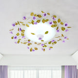 Ambient Led White Glass Semi Flush Ceiling Light - Countryside Purple Domed Design With Flower And