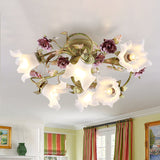 Romantic Opal Glass Semi Flush Light With Green Flower Design - 6 Heads Spiral Ceiling