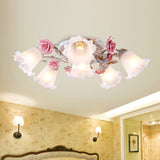 Pastoral White Glass Ceiling Light With Sputnik Design - 4/6/7-Bulb Semi Mount For Bedroom