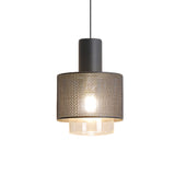 Modern Drum Mesh Pendant Ceiling Lamp With Clear Glass Shade Black Iron 1-Head Bedside Hanging Light
