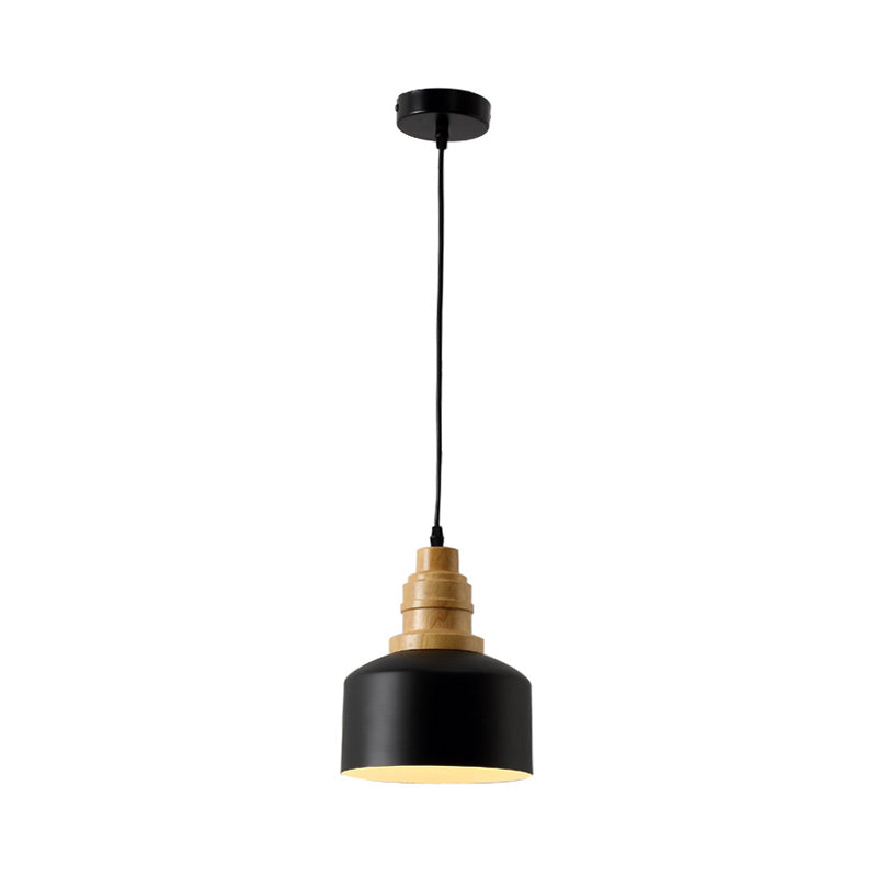 Modern Nordic Black Drum Pendant Ceiling Lamp With Wood Top - 1-Bulb Iron Hanging Light
