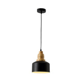 Modern Nordic Black Drum Pendant Ceiling Lamp With Wood Top - 1-Bulb Iron Hanging Light